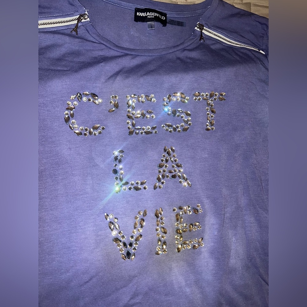 Karl Lagerfeld C'est La Vie Rhinestone Zipper Shirt Purple Womens L - Picture 2 of 4